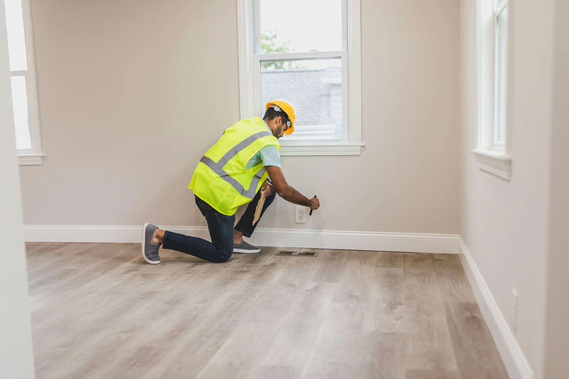 Technician in a safety vest working at a wall outlet in a freshly finished room
